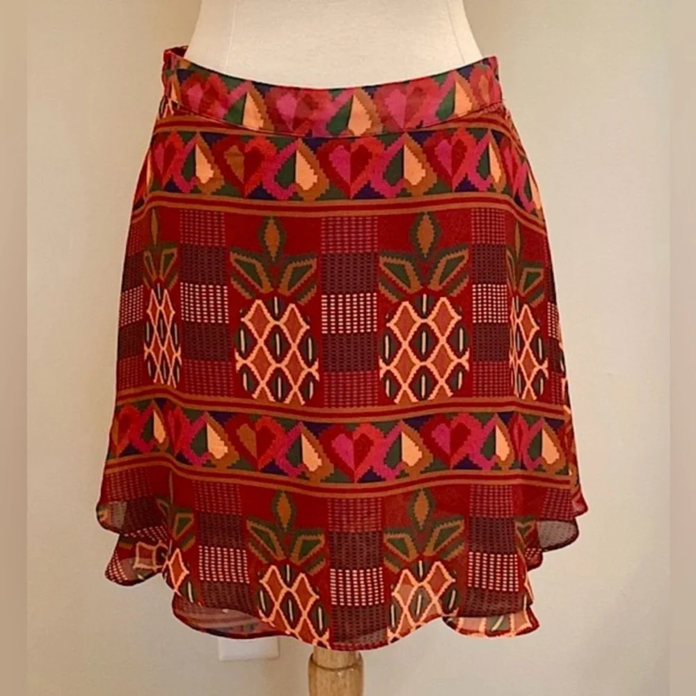 FARM RIO Orange Yellow Pineapple Tribal Print L Boho Brazilian Style Mini Skirt